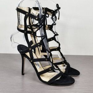 Jimmy Choo Meddle Cage Gladiator Sandal, Black Suede, Womens Size 7.5 / 37.5